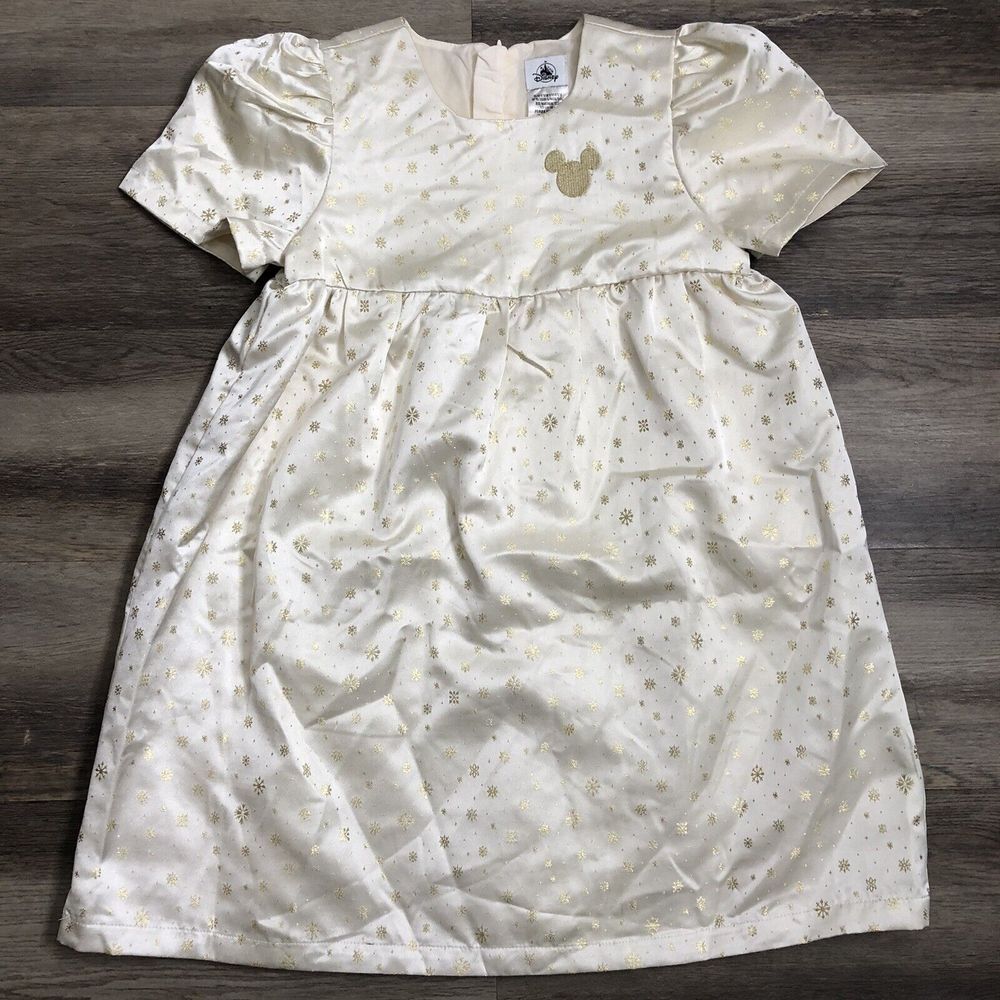 New Girls Disney Dress Christmas Sz 9/10 Gold Snowflakes Holiday Mickey Mouse